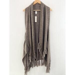 NEW Francesca's Boho Taupe Ribbed Knit Fringe Cardigan Sweater Vest One Size